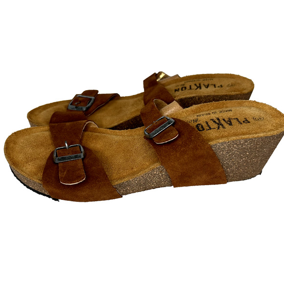 Plakton Bios Wedge Sandal Womens 40 Leather Suede Cork Strappy Slip On Coastal - Picture 6 of 8